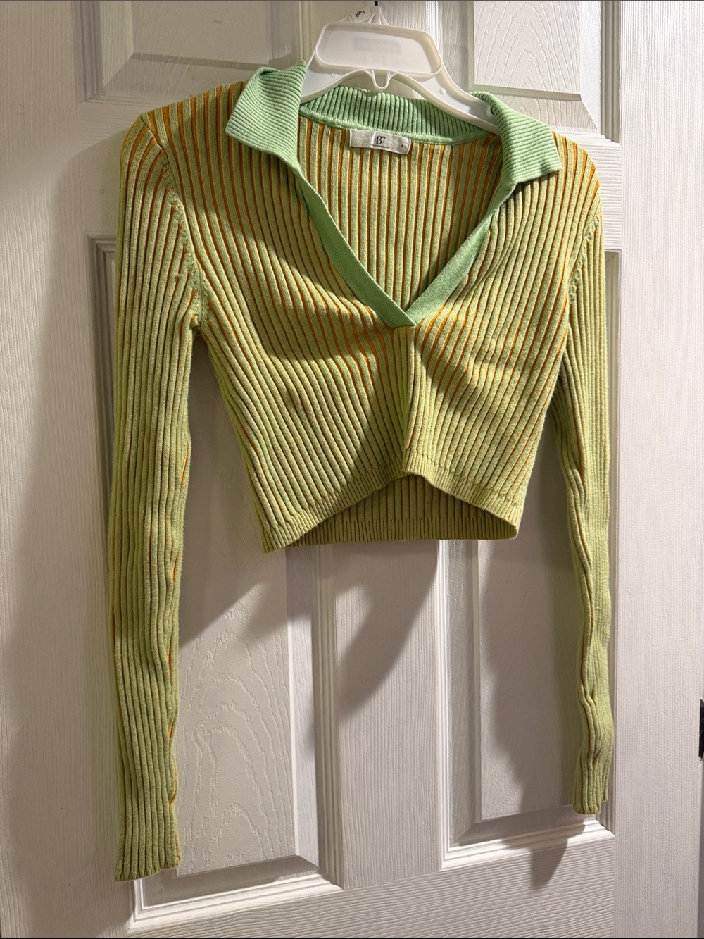 Light Green Ribbed Cropped Polo Sweater - Women’s Long Sleeve